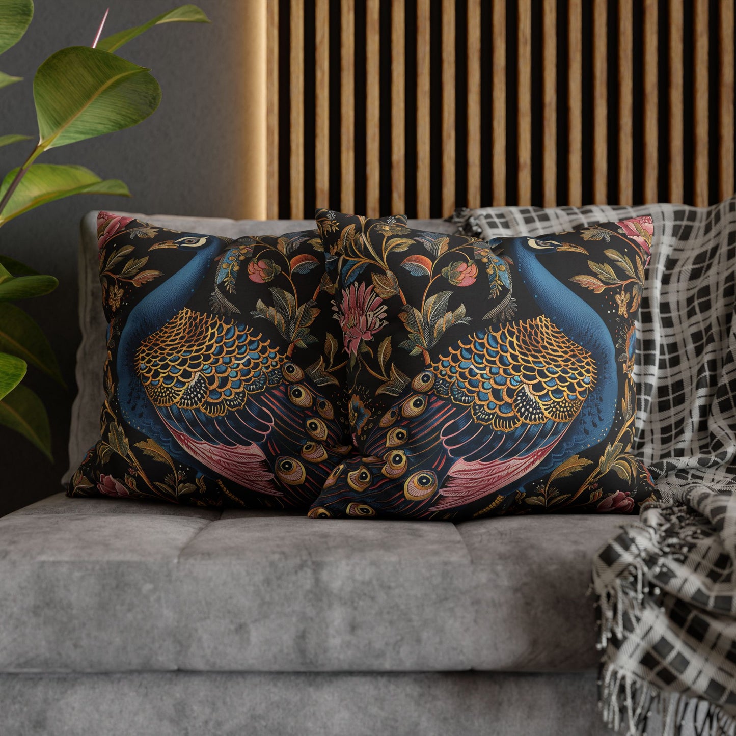 William Morris Inspired Peacock Pillowcase, Forest Floral Art, Peacock Spun Polyester Square Pillowcase