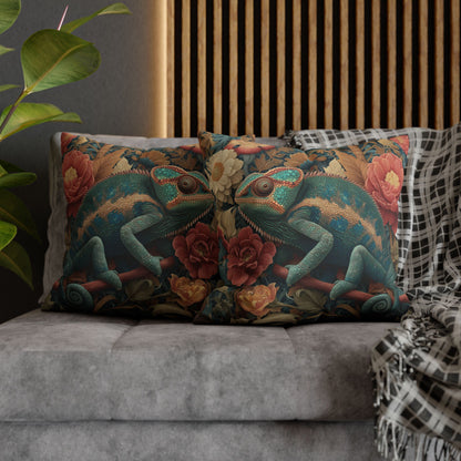 Teal Chameleon Floral Pillowcase, William Morris Style Lizard Cushion with Vintage Botanical Design