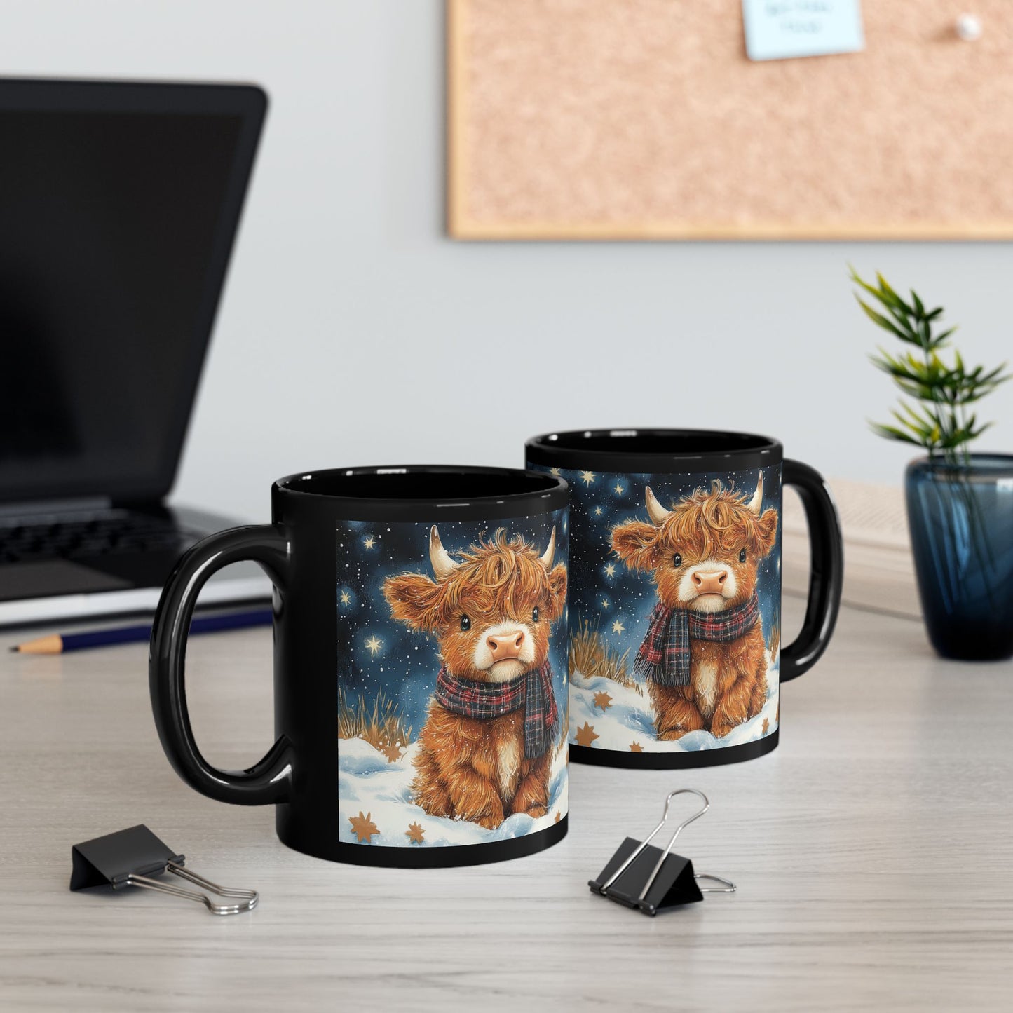 Highland Cow Winter Night Black Mug, Cute Baby Cow Coffee Cup (11oz, 15oz) Animal Lover Gift, Farmhouse Kitchen Decor, Christmas Gift,