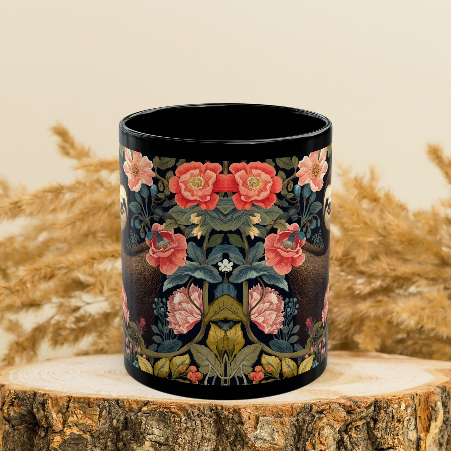 William Morris Inspired Floral Spring Sloth Black Mug
