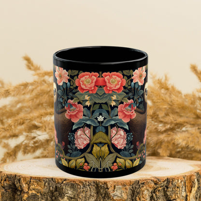 William Morris Inspired Floral Spring Sloth Black Mug