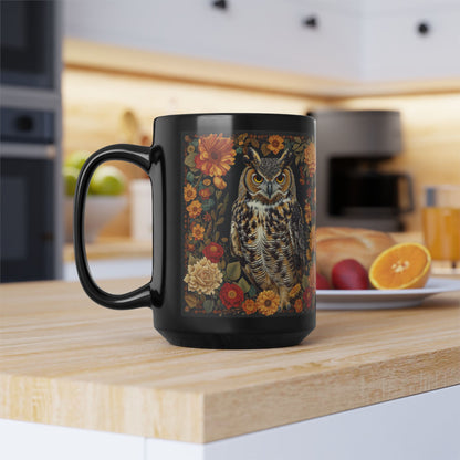 Black Mug, William Morris Inspired Great Horned Owl Fall Florals Ceramic Cup, Coffee Lover Gift, Unique Home Decor, Halloween Tea Cup,