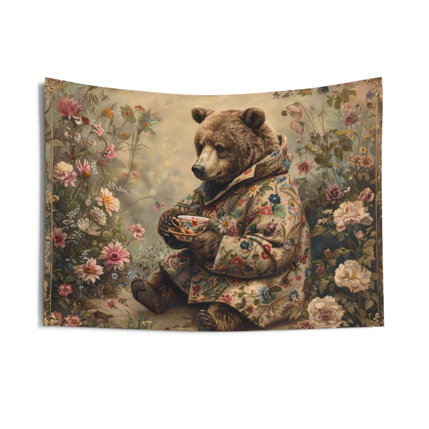 Bear Tea Time Tapestry Cozy Floral Wall Hanging