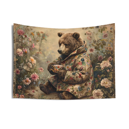 Bear Tea Time Tapestry Cozy Floral Wall Hanging