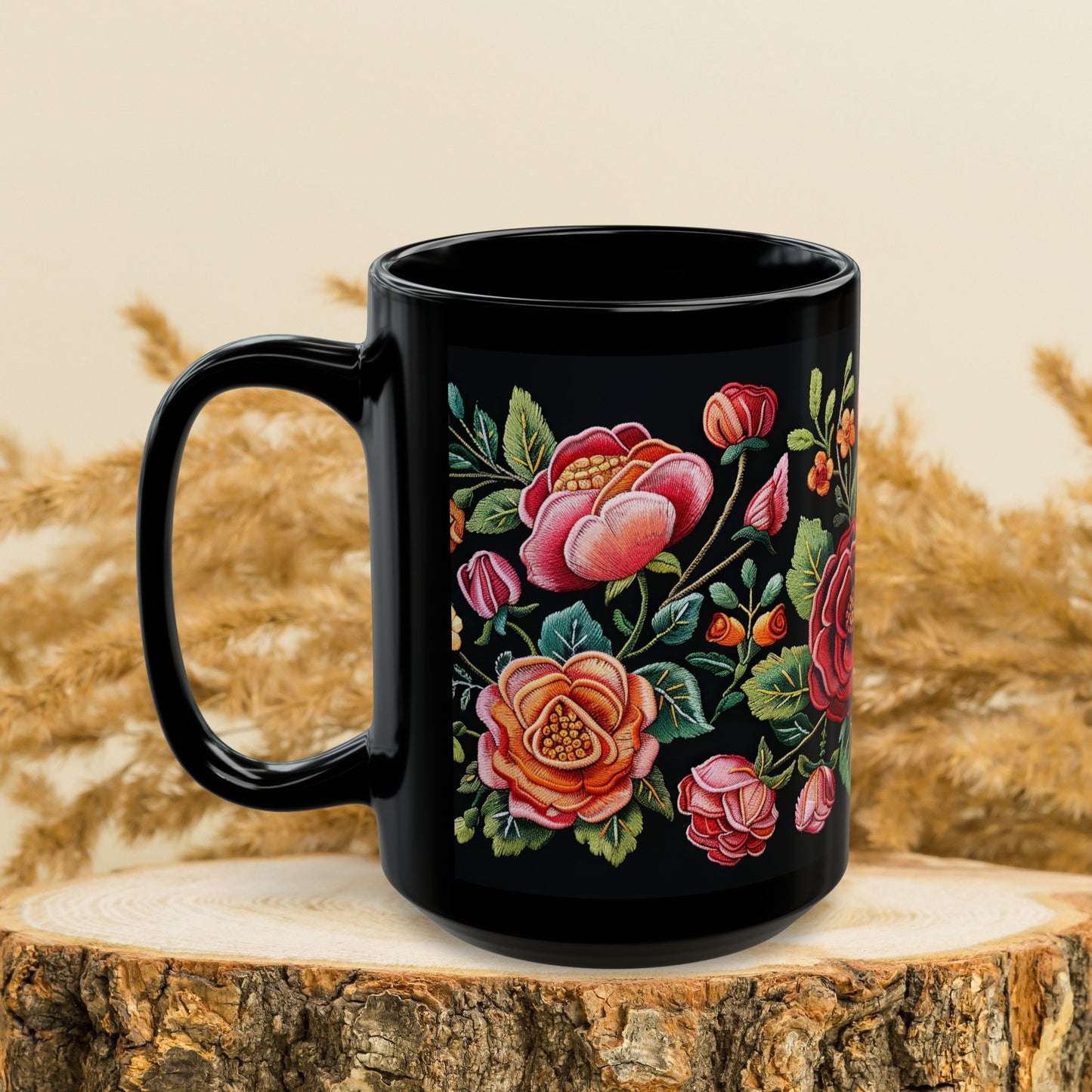 Vintage Roses Pattern Embroidery Black Mug 11oz