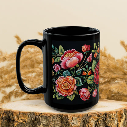 Vintage Roses Pattern Embroidery Black Mug 11oz