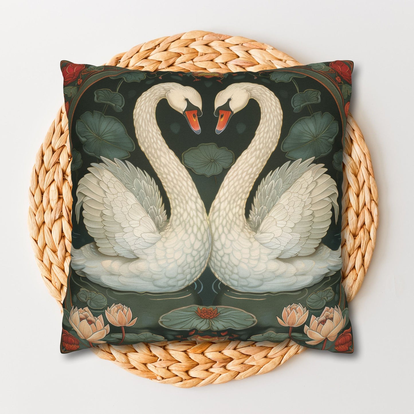 Art Nouveau White Swans Lotus Flowers Pillowcase