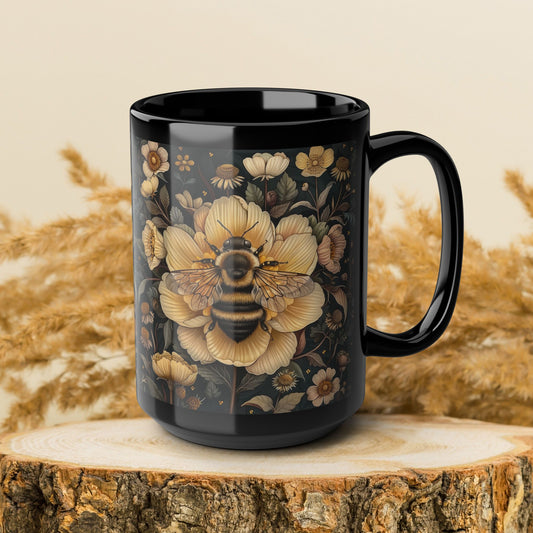 Botanical Bumblebee William Morris Inspired Black Coffee Mug For Her Him Ceramic Mug Black Mug 11oz, 15oz