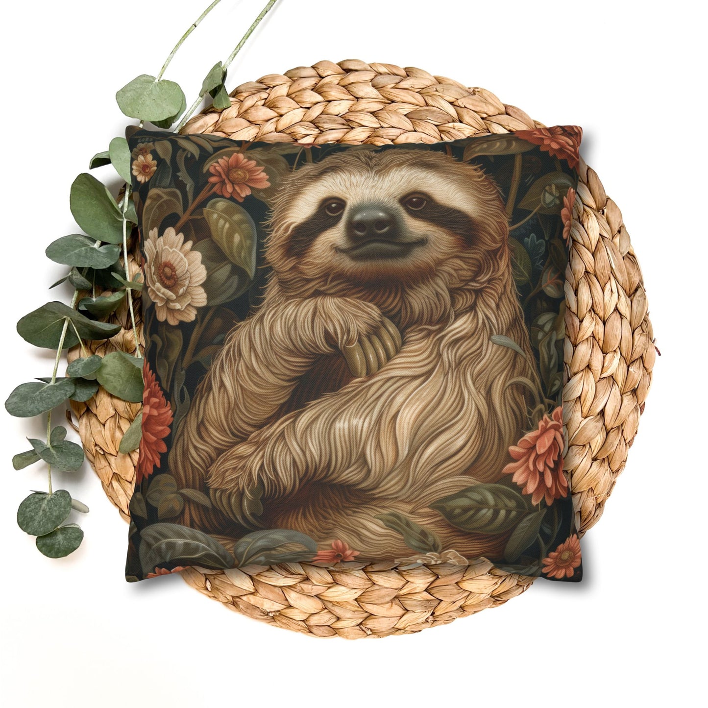 Botanical Sloth Pillowcase, Cozy Woodland Animal Cushion, William Morris Inspired Floral Throw Pillowcase