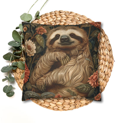 Botanical Sloth Pillowcase, Cozy Woodland Animal Cushion, William Morris Inspired Floral Throw Pillowcase