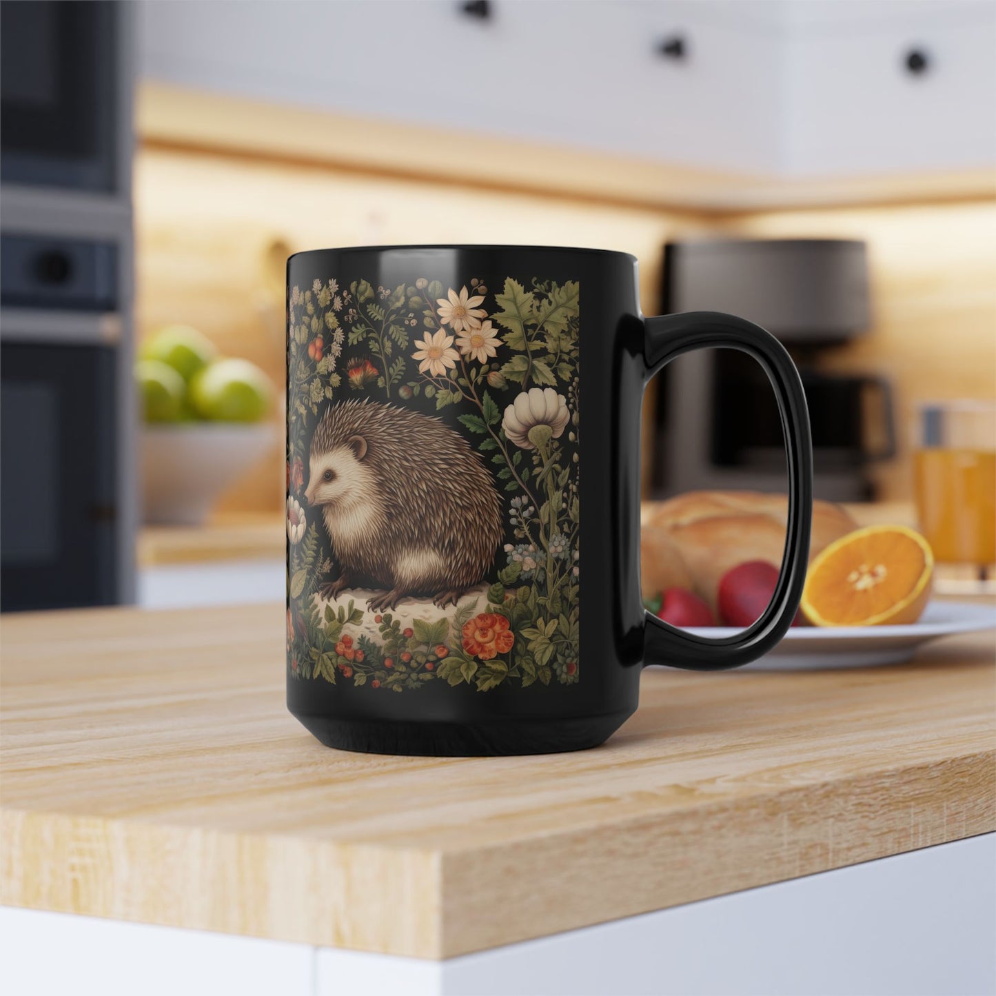 William Morris Inspired Botanical Hedgehog Black Coffee Mug For Her Him Ceramic Mug Black Mug 11oz, 15oz