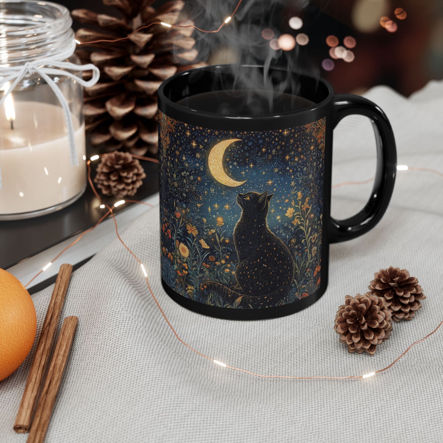 Mystical Black Cat Moon Mug, Celestial Floral Night Garden Coffee Cup 11oz & 15oz, Witchy Starry Magic Cat Lover Gift
