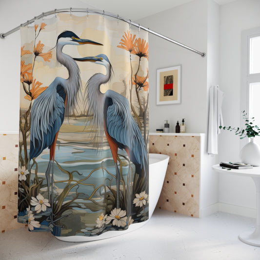 Vintage Painting Blue Herons Shower Curtain - Coastal Bird Bathroom Decor, Waterproof Fabric, Nature Inspired Home Decor, Unique Gift Idea