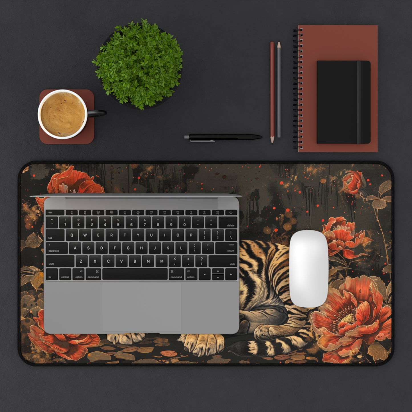 Art Deco Tiger Floral Leopard Print Desk Mat - Gamer Keyboard Mouse Pad - Office Decor Gift, Desk Mats, Home Office Accessories, Gaming Desk