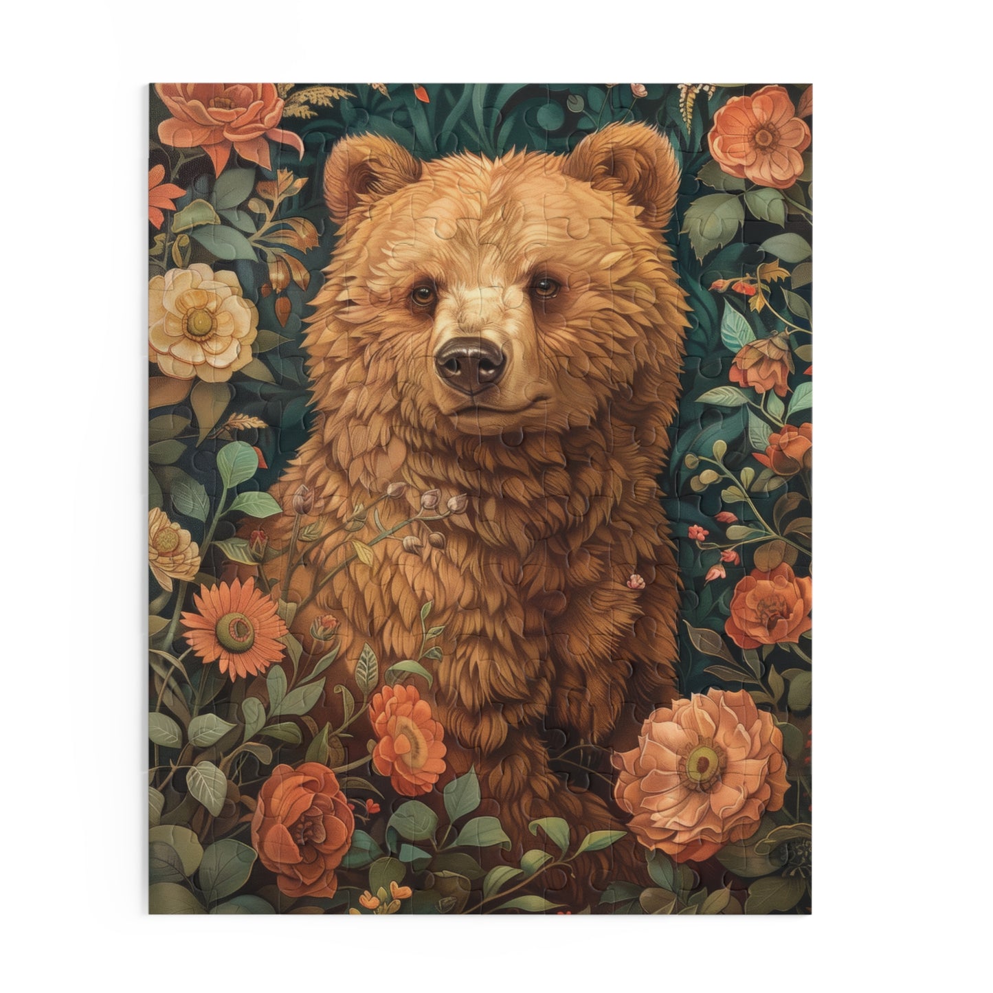 William Morris Inspired Brown Bear Wildflowers Puzzle Box (120, 252, 500-Piece) Family Jigsaw Puzzle, Puzzle Box Gift