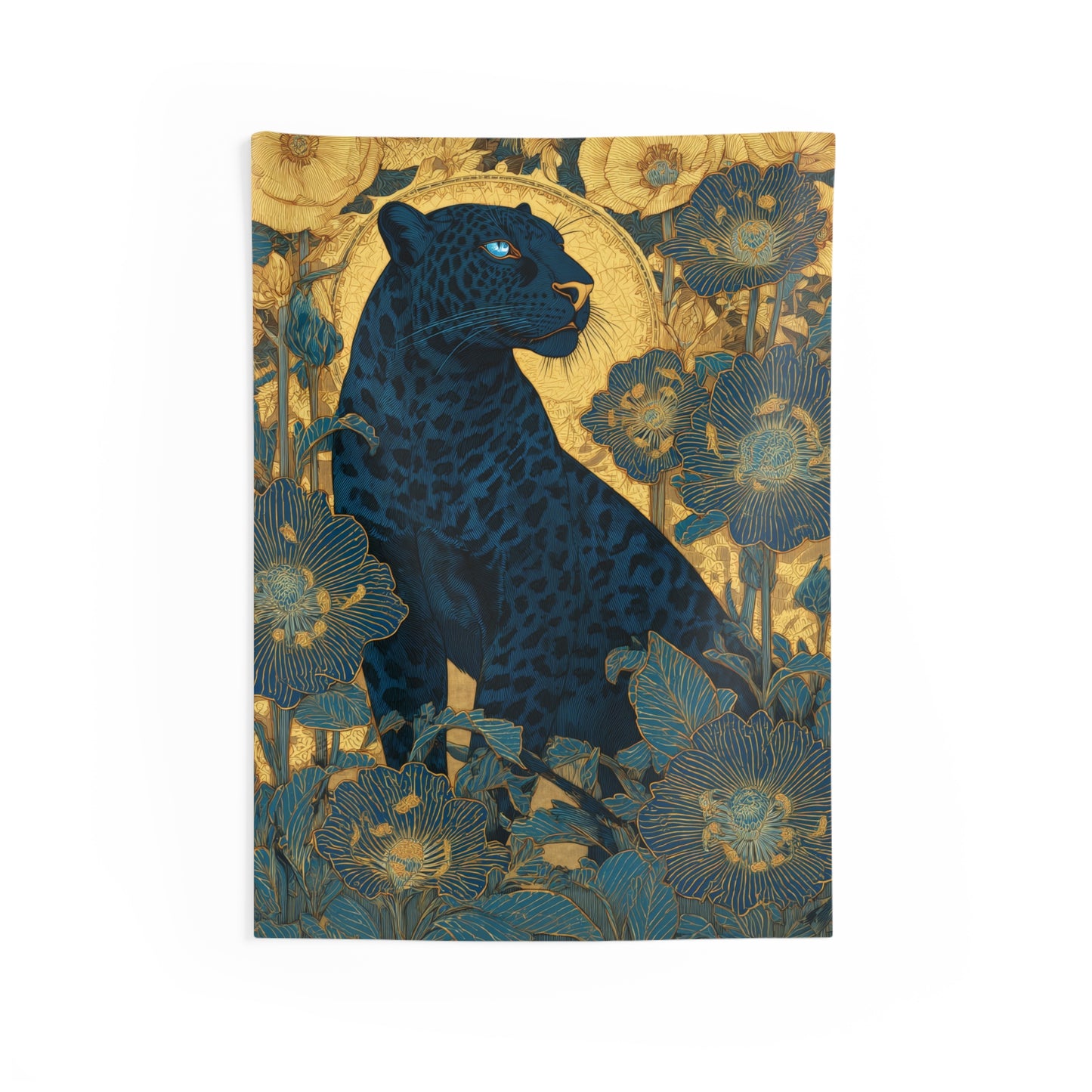 Midnight Black Leopard Garden Tapestry Blue & Gold Botanical Indoor Wall Tapestry