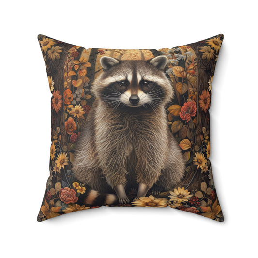 Woodland Raccoon Pillow, Decorative Fall Cushion, William Morris Inspired Home Decor, Square Throw Pillow, Ancient Forest Theme Accent