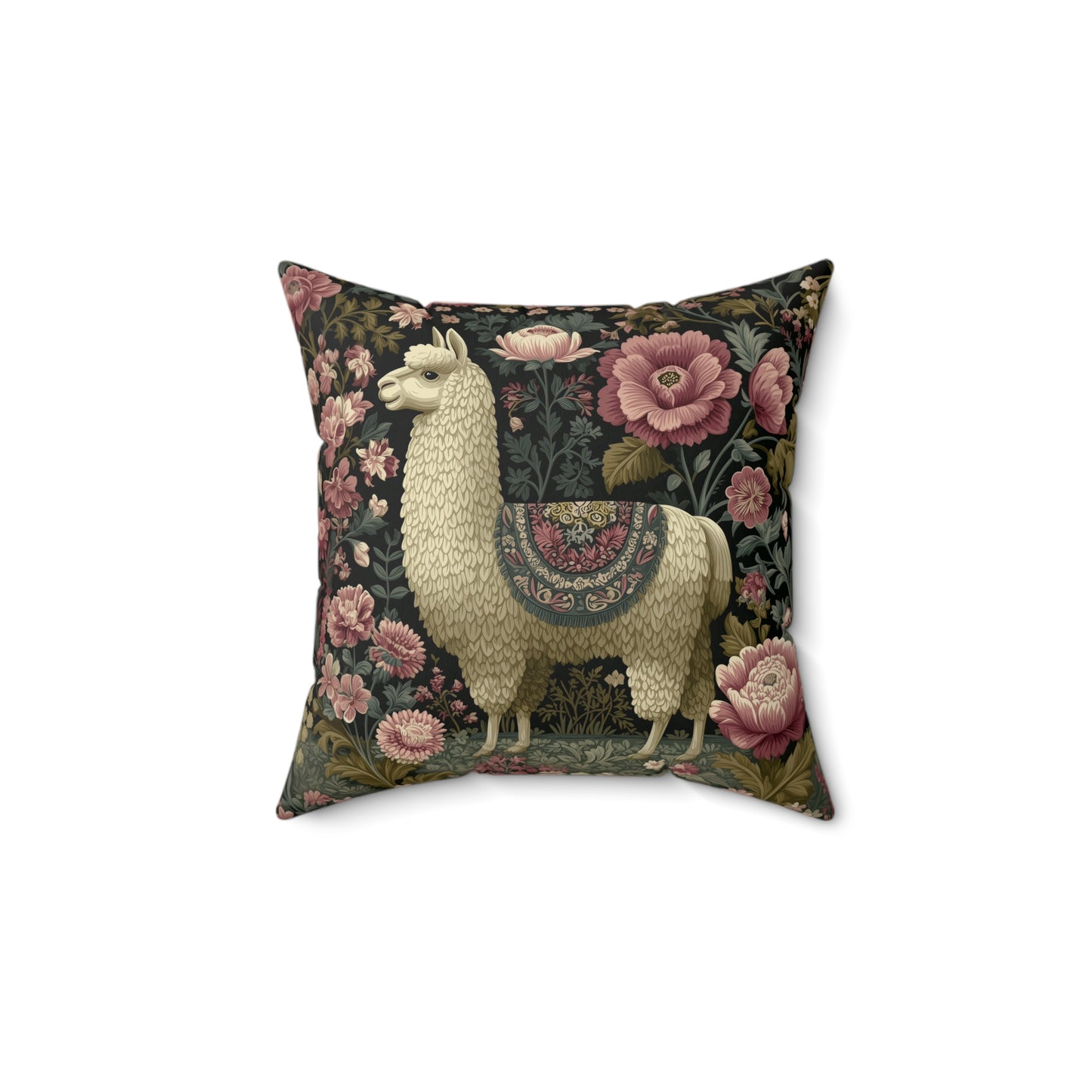 Llama Floral Pillow, William Morris Style Animal Cushion with Vintage Botanical Design