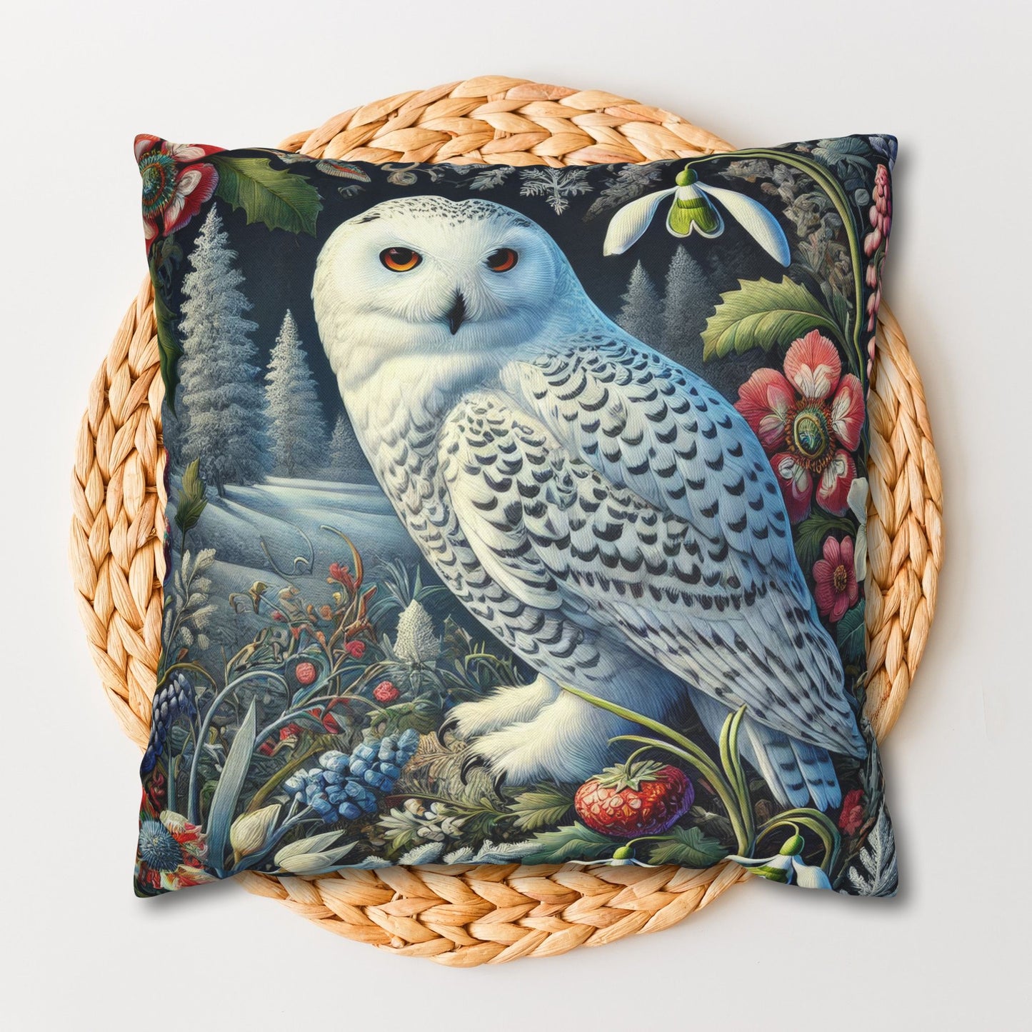 William Morris Inspired Woodland Snowy Owl Winter flowers Decorative Pillowcase