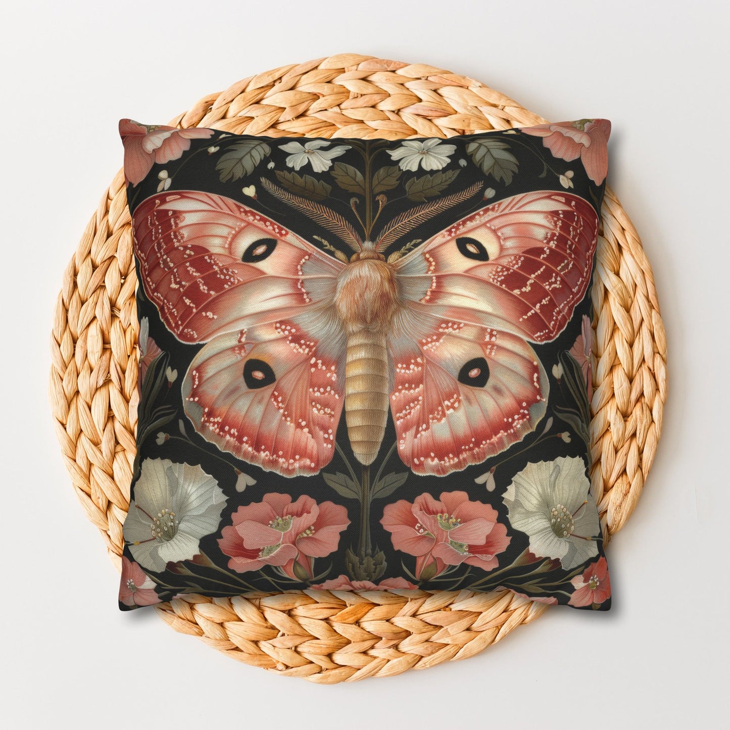 William Morris Inspired Woodland Pink Primrose Moth Decorative Pillowcase