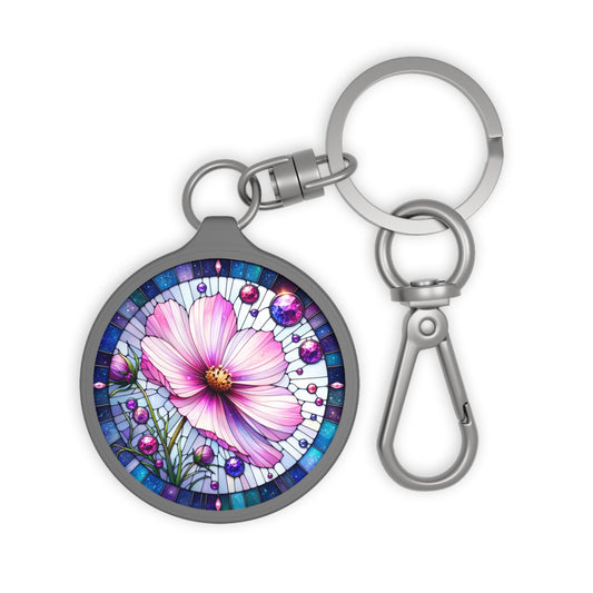 October Cosmos Keyring Tag Birth Month Flower, Cosmos Faux Watercolor Stained Glass, July Keychain Unique Gift