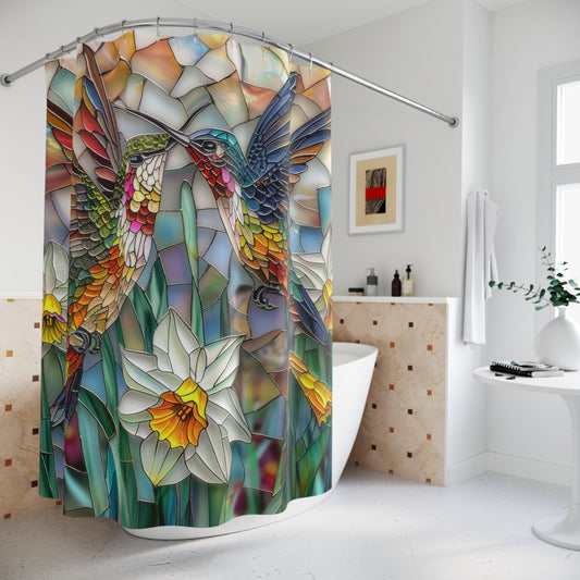 Stained Glass Hummingbirds Daffodils Field Polyester Shower Curtain