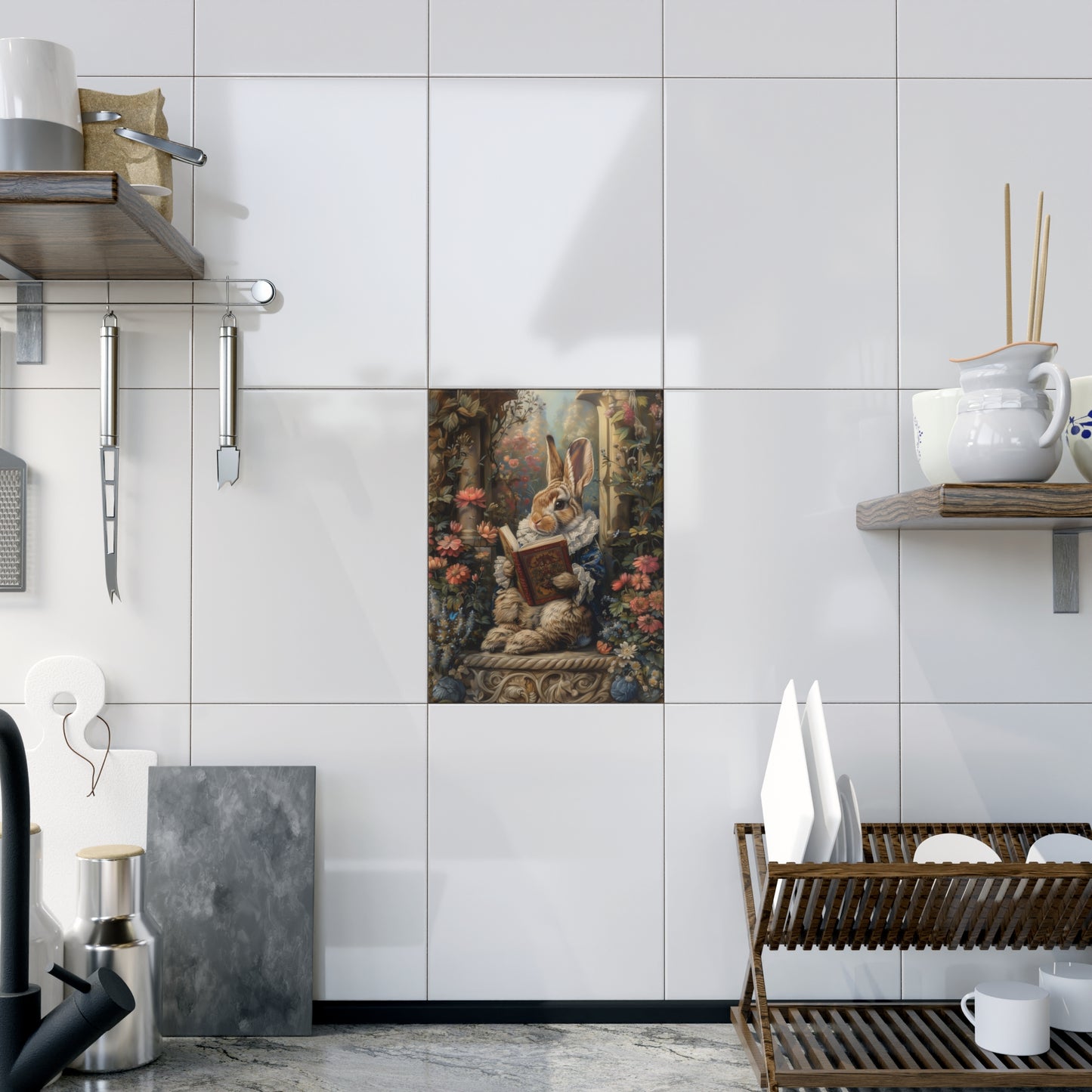 Victorian Rabbit Reading Ceramic Tile | Storybook Floral Art Decor