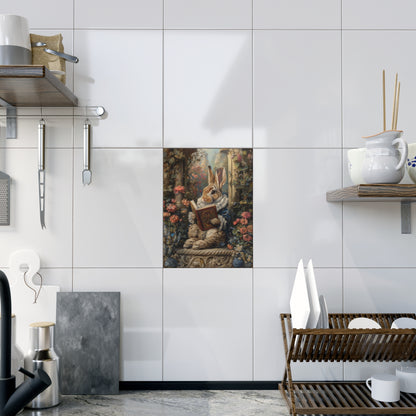 Victorian Rabbit Reading Ceramic Tile | Storybook Floral Art Decor