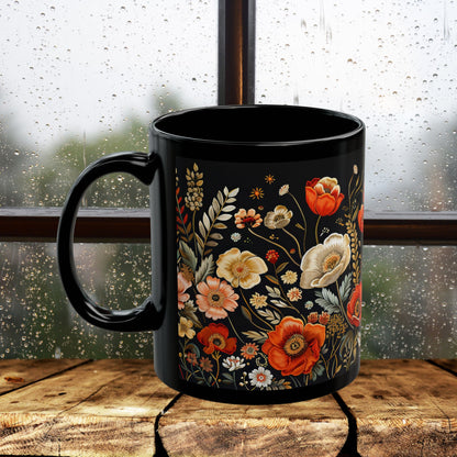 Wildflowers Pattern Embroidery Mug Black Mug 11oz, 15 oz