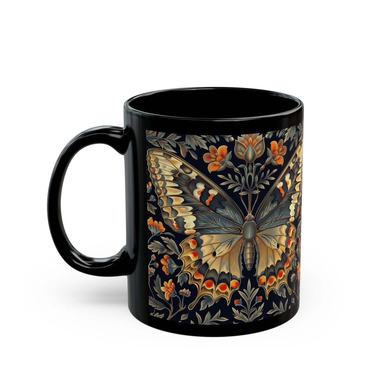 Beautiful Butterfly With Floral Motifs In The Style Of William Morris, Art Nouveau Design Black Mug 11oz, 15 oz