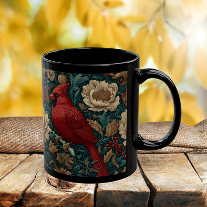 Red Cardinal Coffee Mug William Morris Inspired Floral Black Ceramic Cup (11oz, 15oz)