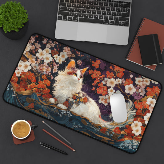 Desk Mat White Calico Cat Cherry Blossom 2 Sizes Office Decor Gift