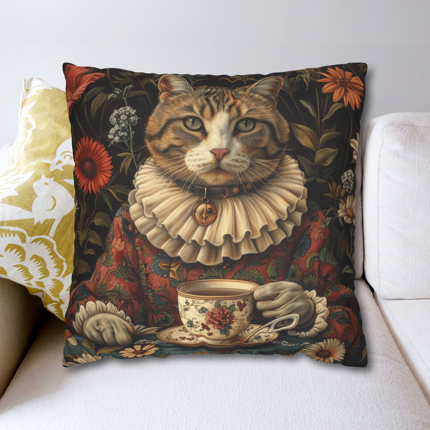 Victorian Style Portrait Of Rococo Cat, Tea Time in The Garden Decorative Pillowcase