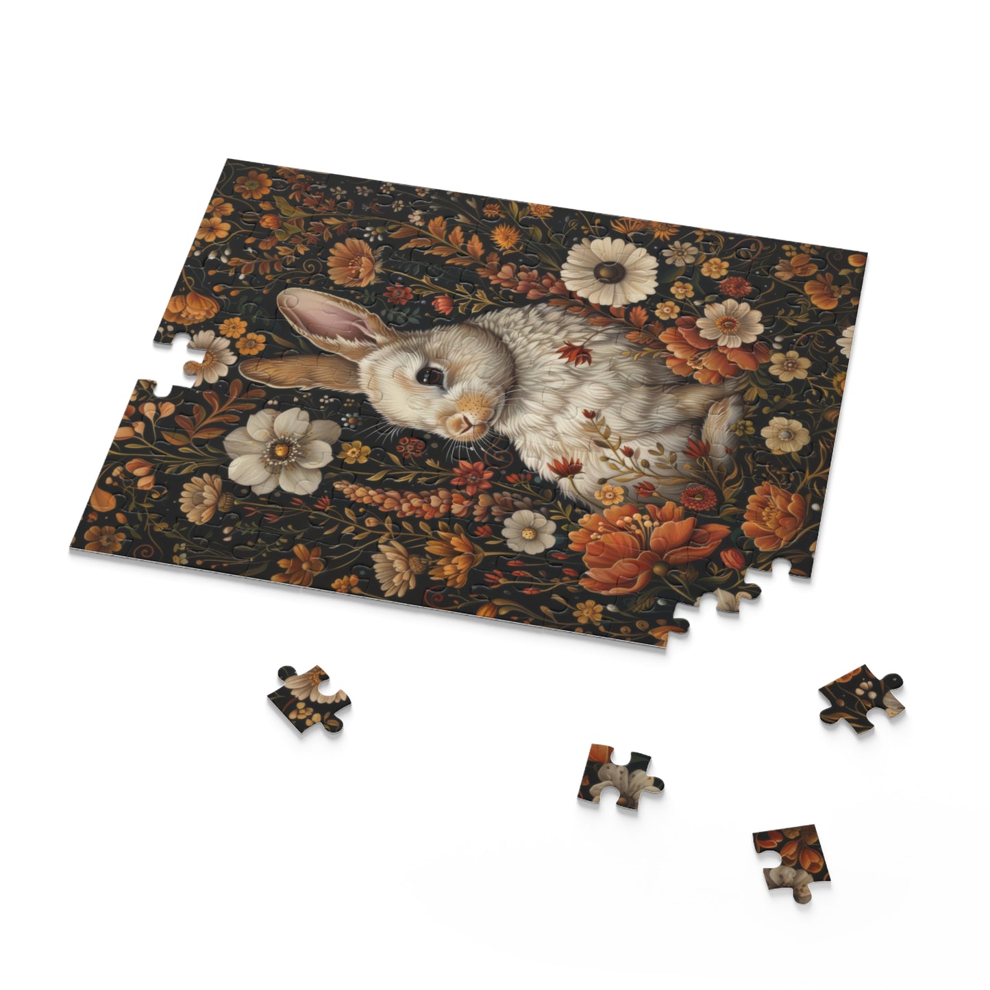 William Morris Inspired Fall Flowers Bunny Jigsaw Puzzle Box Gift (120 252 500-Piece) Mindfulness Activity, Family Fun, Home Decor,