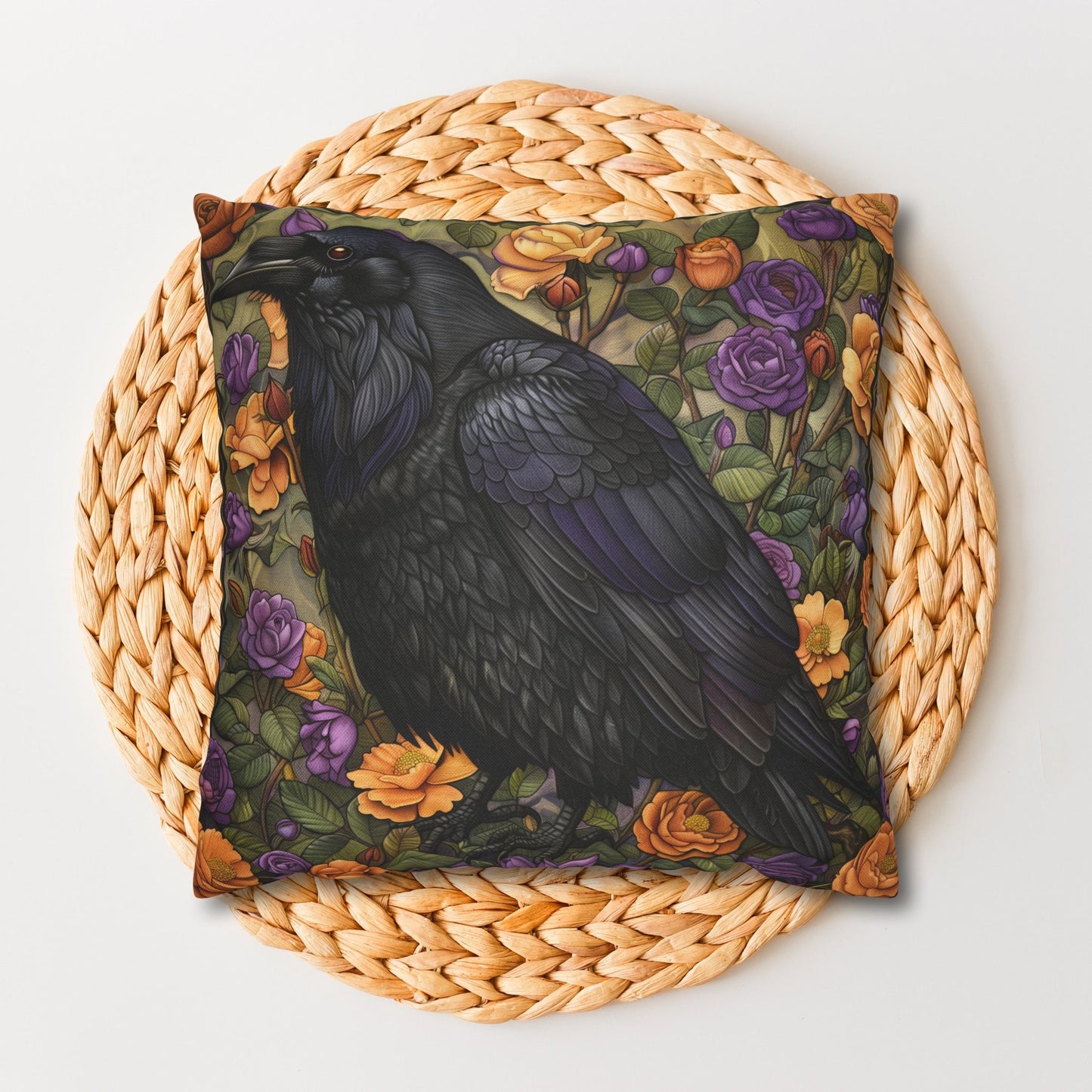 Mystical Raven Halloween Roses Throw Pillowcase, William Morris Inspired Raven Halloween Decor