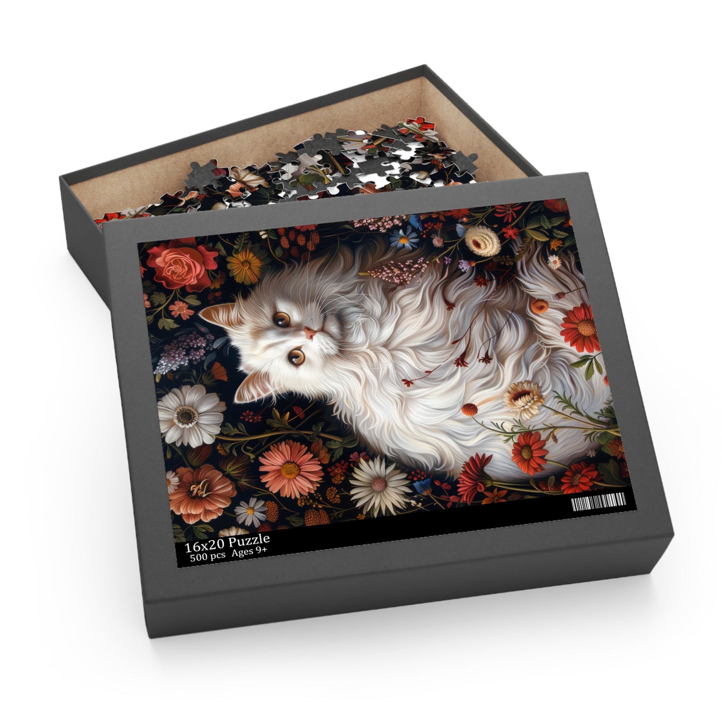 William Morris Inspired Botanical White Persian Cat Jigsaw Puzzle Box (120, 252, 500-Piece)