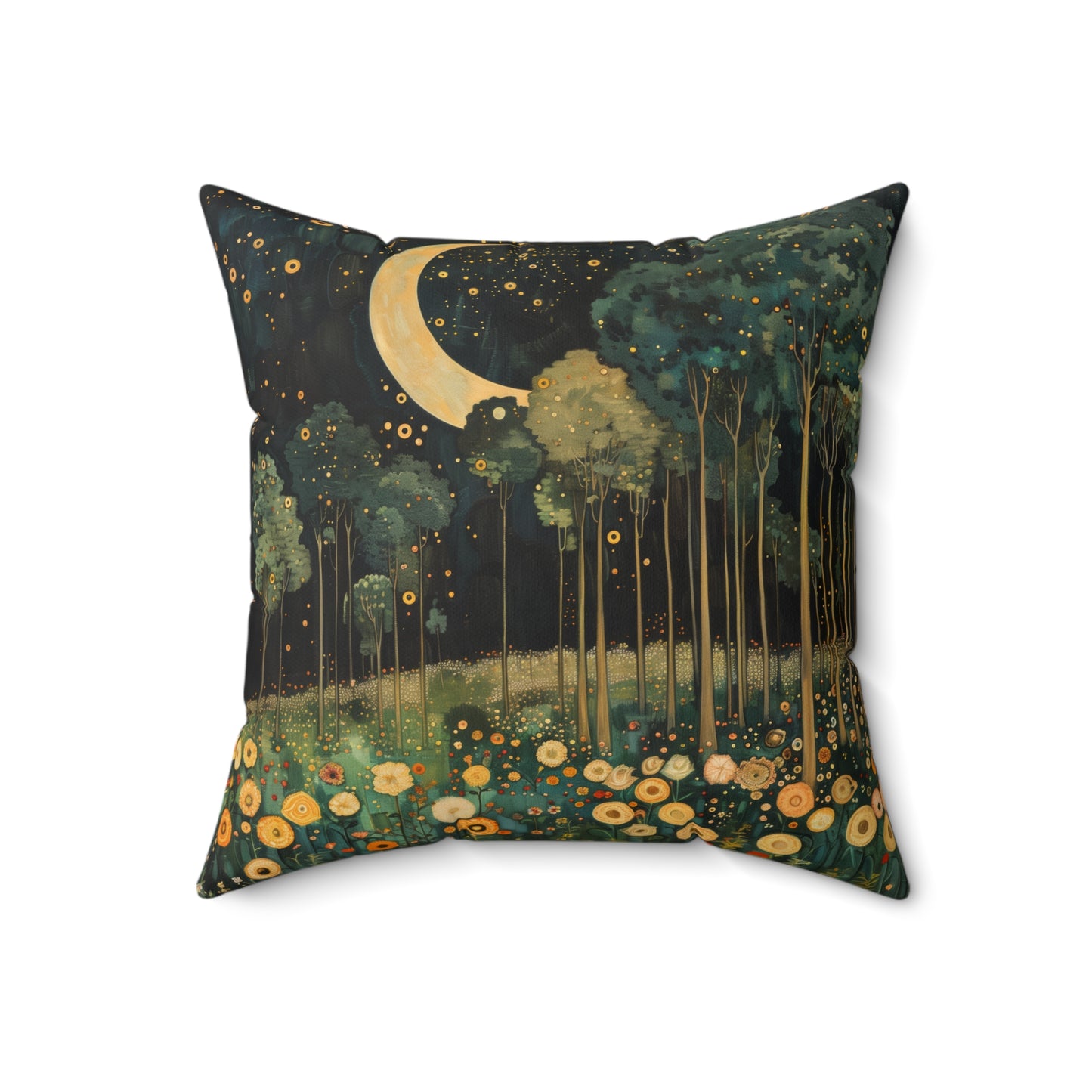 Moonlit Forest Decorative Pillow, Gustav Klimt Inspired Night Sky Botanical Cushion