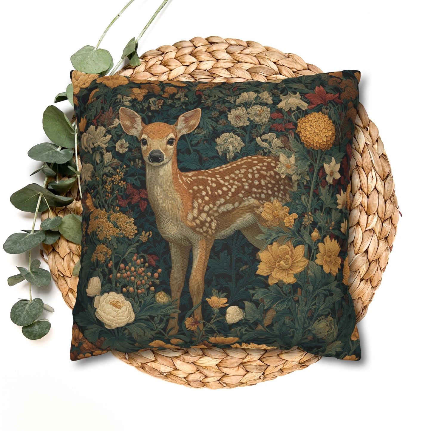 Poly Woodland Fawn Floral Pillowcase, William Morris Style Baby Deer Botanical Decorative Cushion
