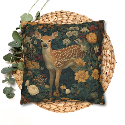 Poly Woodland Fawn Floral Pillowcase, William Morris Style Baby Deer Botanical Decorative Cushion