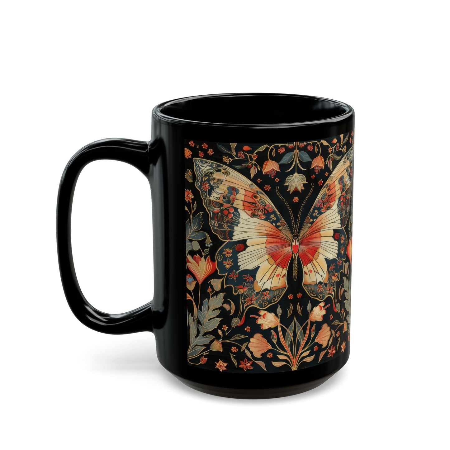 Enchanting Butterfly in the Style of William Morris, Woodland Blossoms Floral Botanical Design Black Mug 11oz, 15 oz