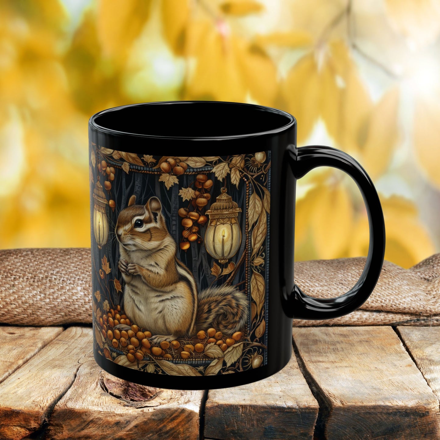 Mug - William Morris Inspired Chipmunk Among Acorn Lanterns Black Mug 11oz, 15oz