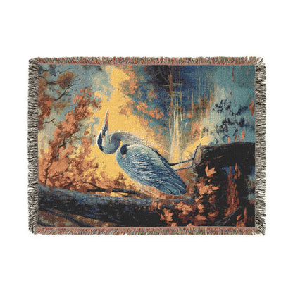 Woven Heron Woven Blanket, Autumn Lake Scene, Nature-Inspired Bird Throw, Cozy Tapestry Blanket for Wildlife Bird Lovers