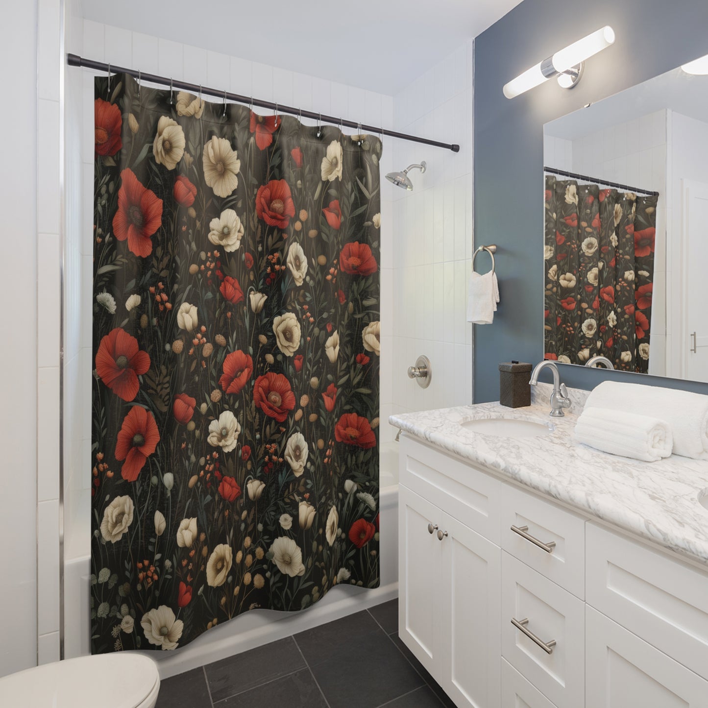 William Morris Inspired Botanical Floral and Red Poppies Polyester Shower Curtain