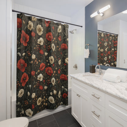 William Morris Inspired Botanical Floral and Red Poppies Polyester Shower Curtain
