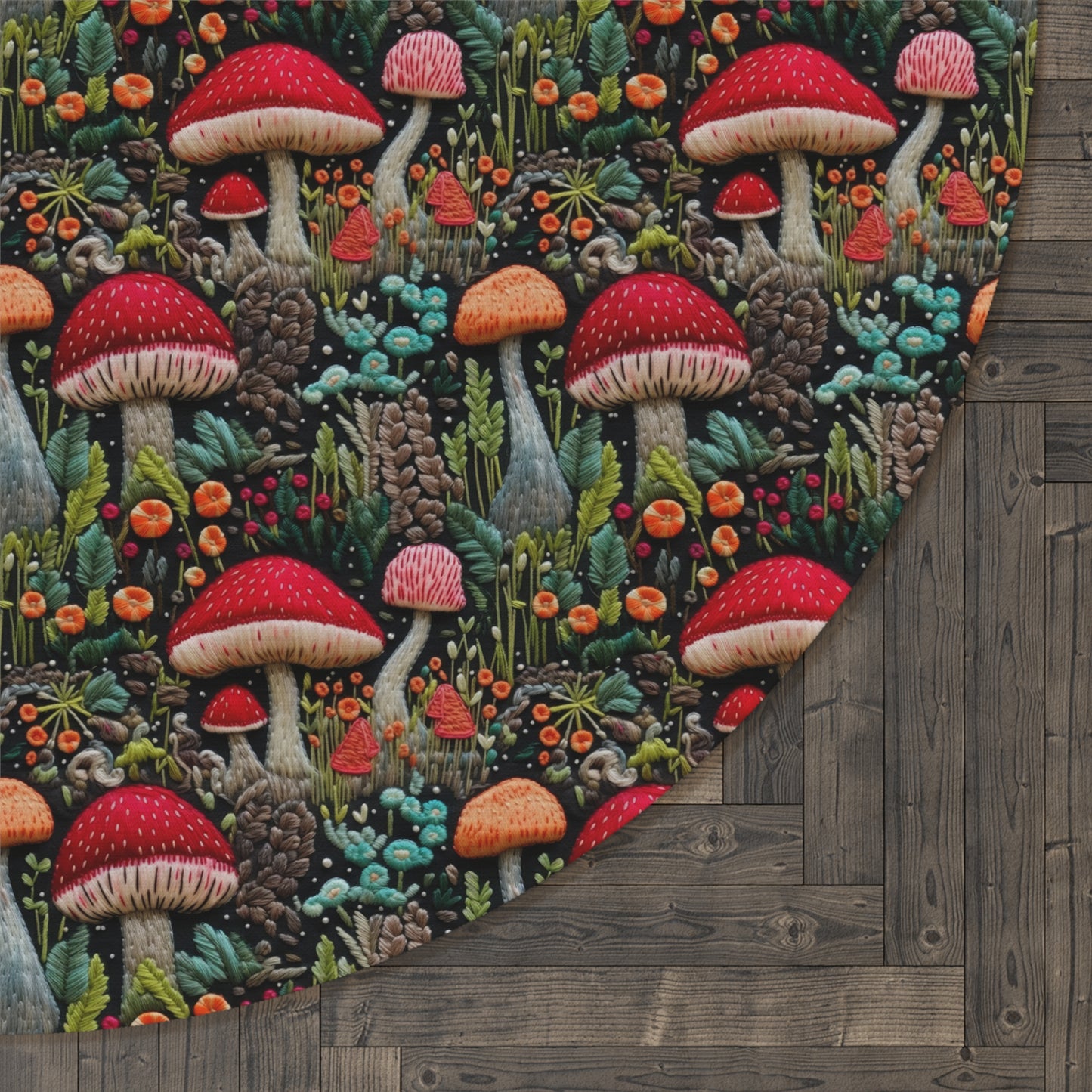 Wild Mushrooms Cottage Embroidery Pattern Round Area Rug, Housewarming Gift