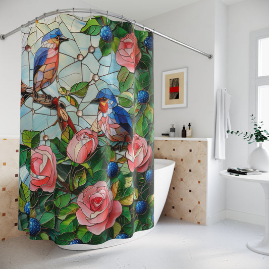 Faux Stained Glass Blue Birds Roses Field Polyester Shower Curtain