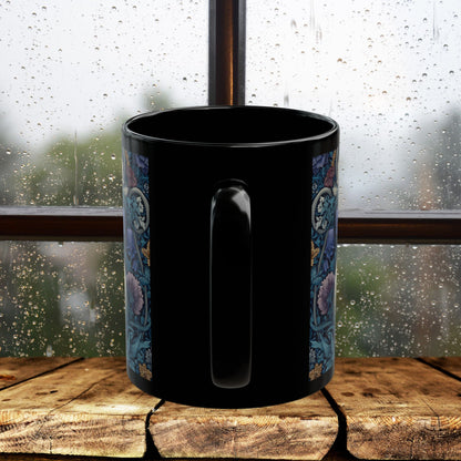 Rabbit Floral Black Mug, Vintage William Morris Style Bunny Coffee Cup (11oz/15oz)