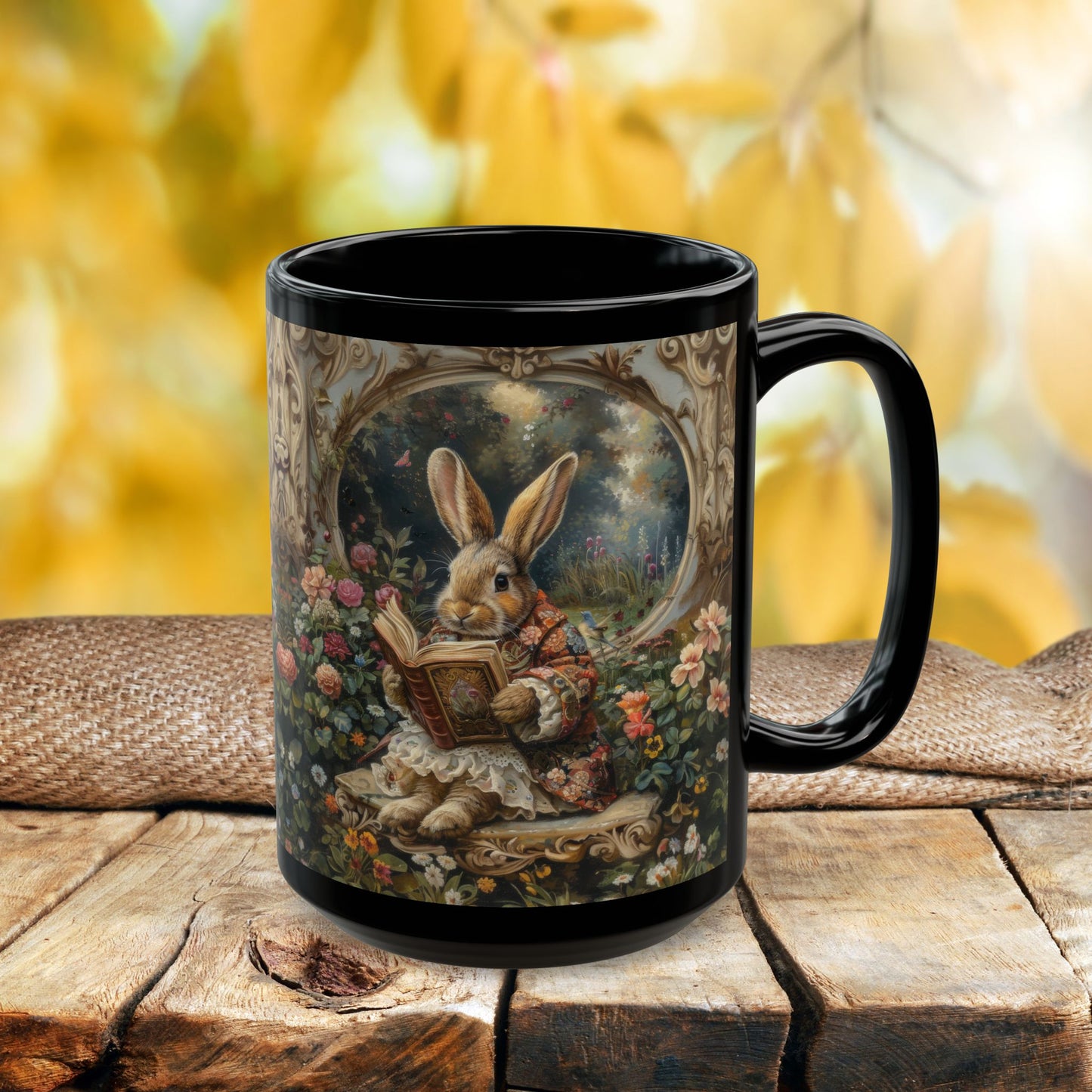 Whimsical Rabbit Black Mug, Easter Bunny Coffee Cup, Floral Decor Coffee Mug, Cute Animal Gift, Morning Tea Mug