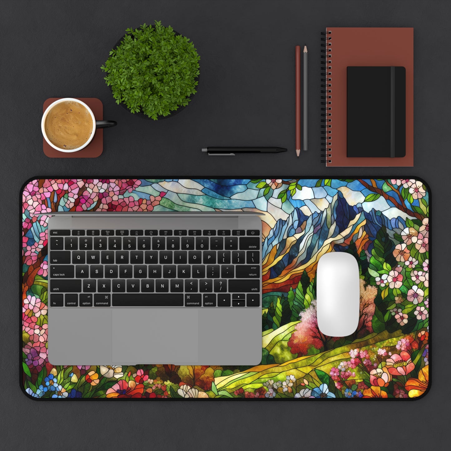 Mountain Landscape Spring Scene | Faux Stained Glass | Desk Mat 2 Sizes | Gamer Keyboard Mouse Pad | Office Decor GiftDesk Mats