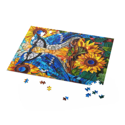 Stained Glass Blue Jay Lovebirds Sunflower Field Jigsaw Puzzle (120, 252, 500-Piece) Gift-Ready Box, Adult Jigsaw Puzzle